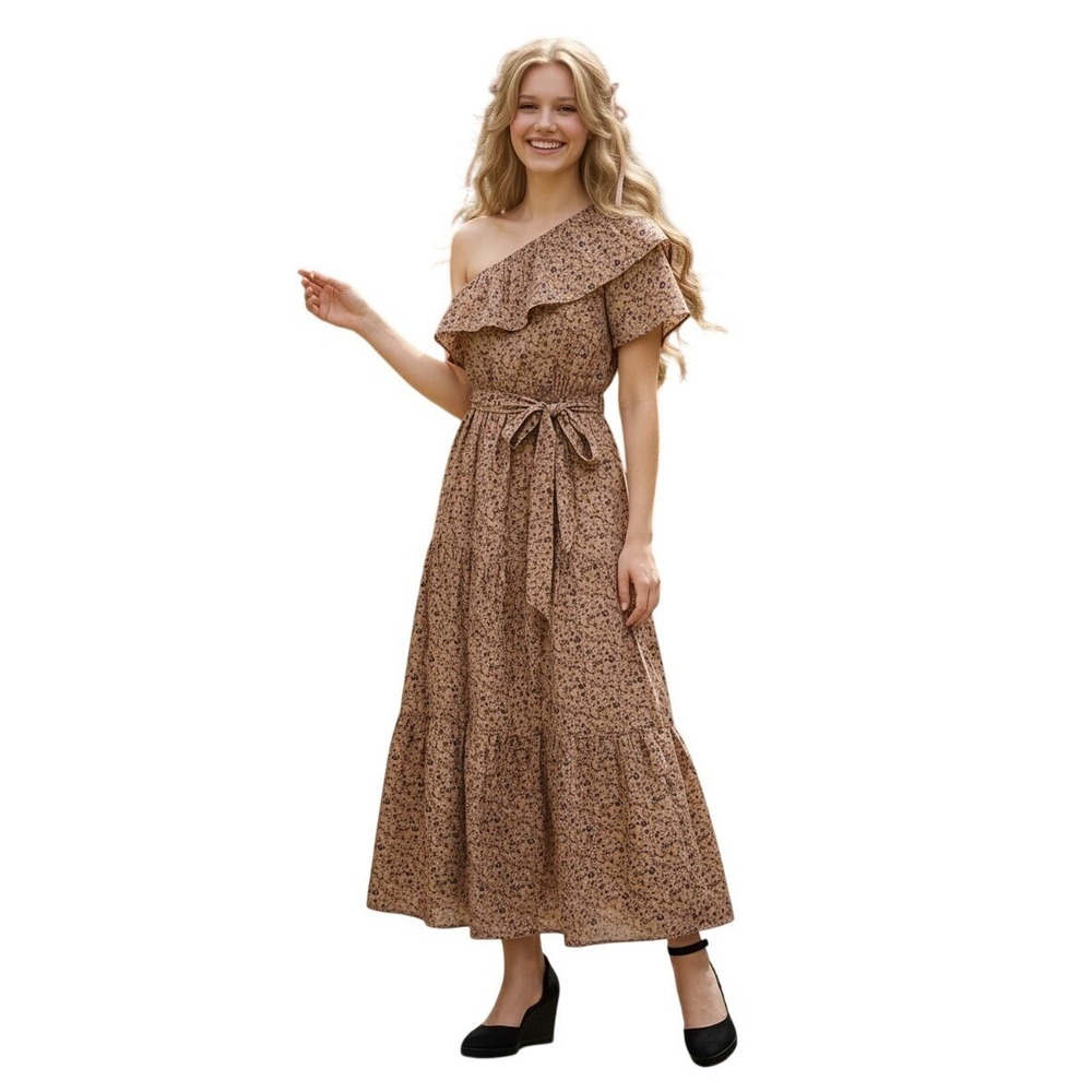 NWT Andrée by Unit Coquette Floral One Shoulder Maxi Dress Tiered Ruffle S/M